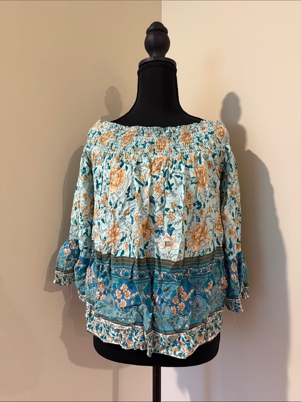 Boho Off-Shoulder Floral Blouse in Teal and Cream